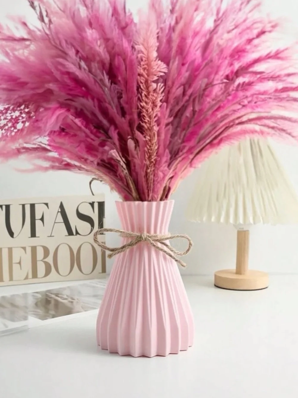 Pink Decorative Pleated Ceramic Vase with Twine Accent